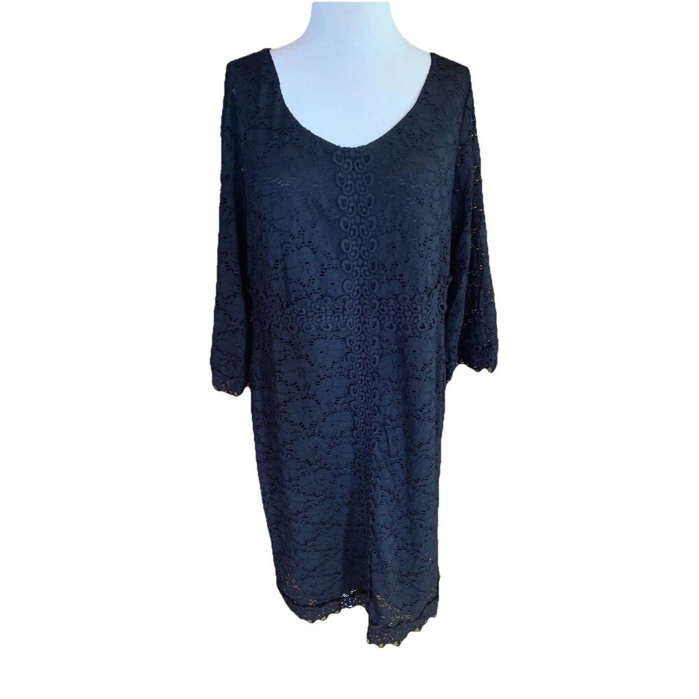 Alfani Black Lace Shift Dress Sz 1X Lined 3/4 Sleeves Party Happy Hour Office